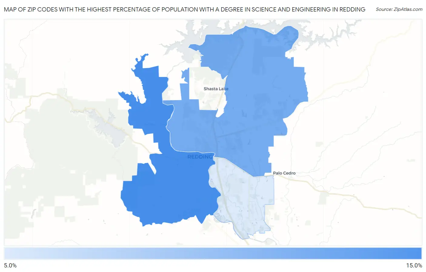 Zip Codes with the Highest Percentage of Population with a Degree in Science and Engineering in Redding Map