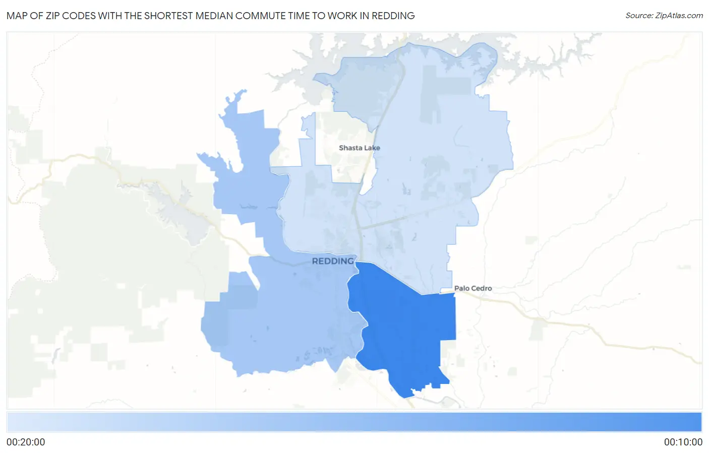 Zip Codes with the Shortest Median Commute Time to Work in Redding Map