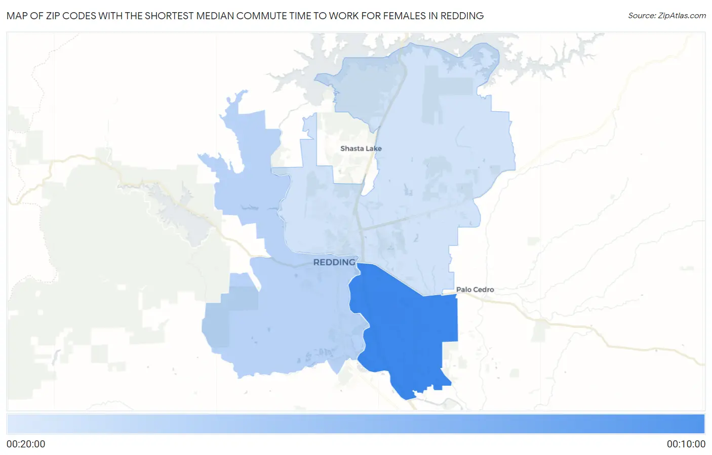 Zip Codes with the Shortest Median Commute Time to Work for Females in Redding Map