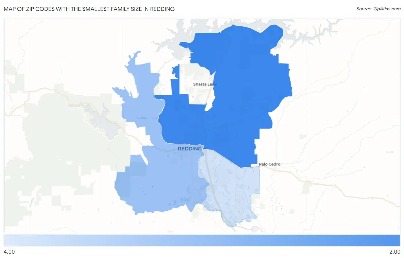 Zip Codes with the Smallest Family Size in Redding Map