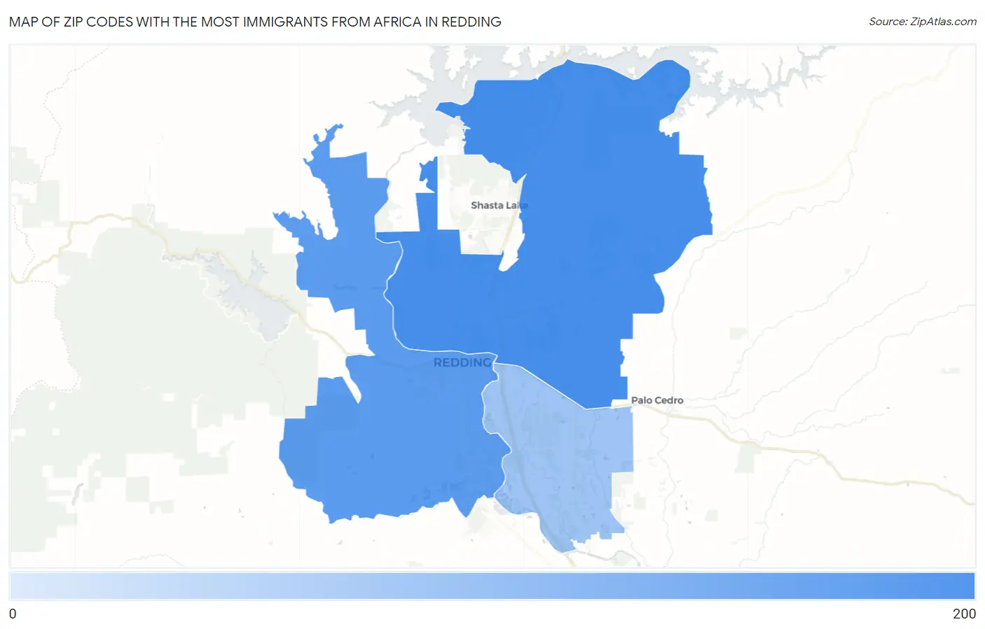 Zip Codes with the Most Immigrants from Africa in Redding Map