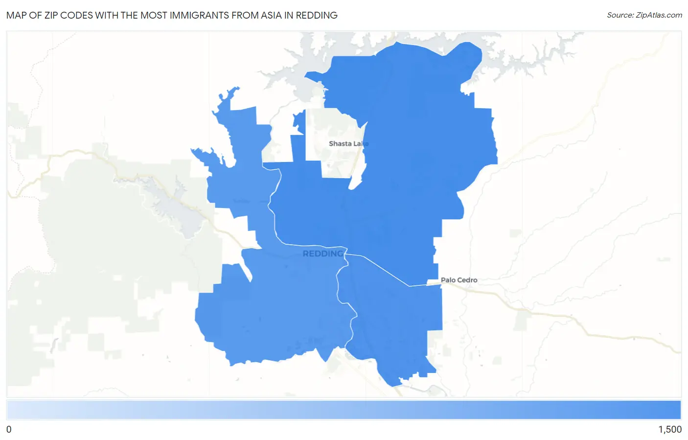 Zip Codes with the Most Immigrants from Asia in Redding Map