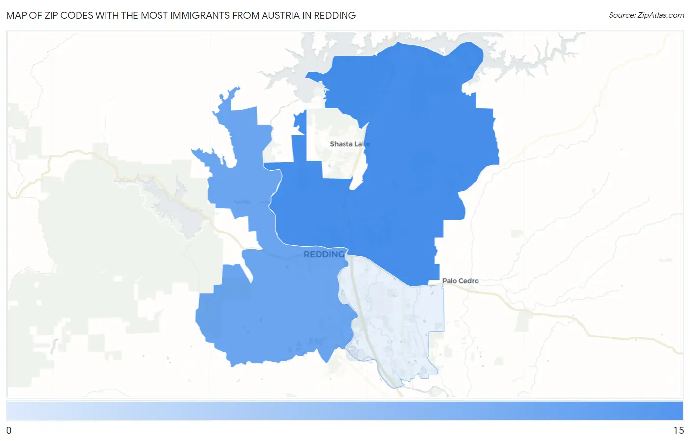 Zip Codes with the Most Immigrants from Austria in Redding Map