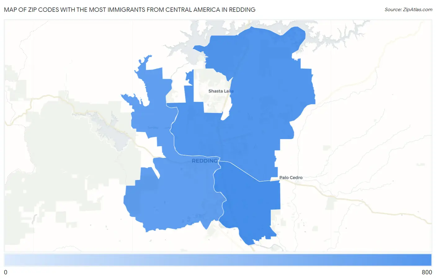Zip Codes with the Most Immigrants from Central America in Redding Map