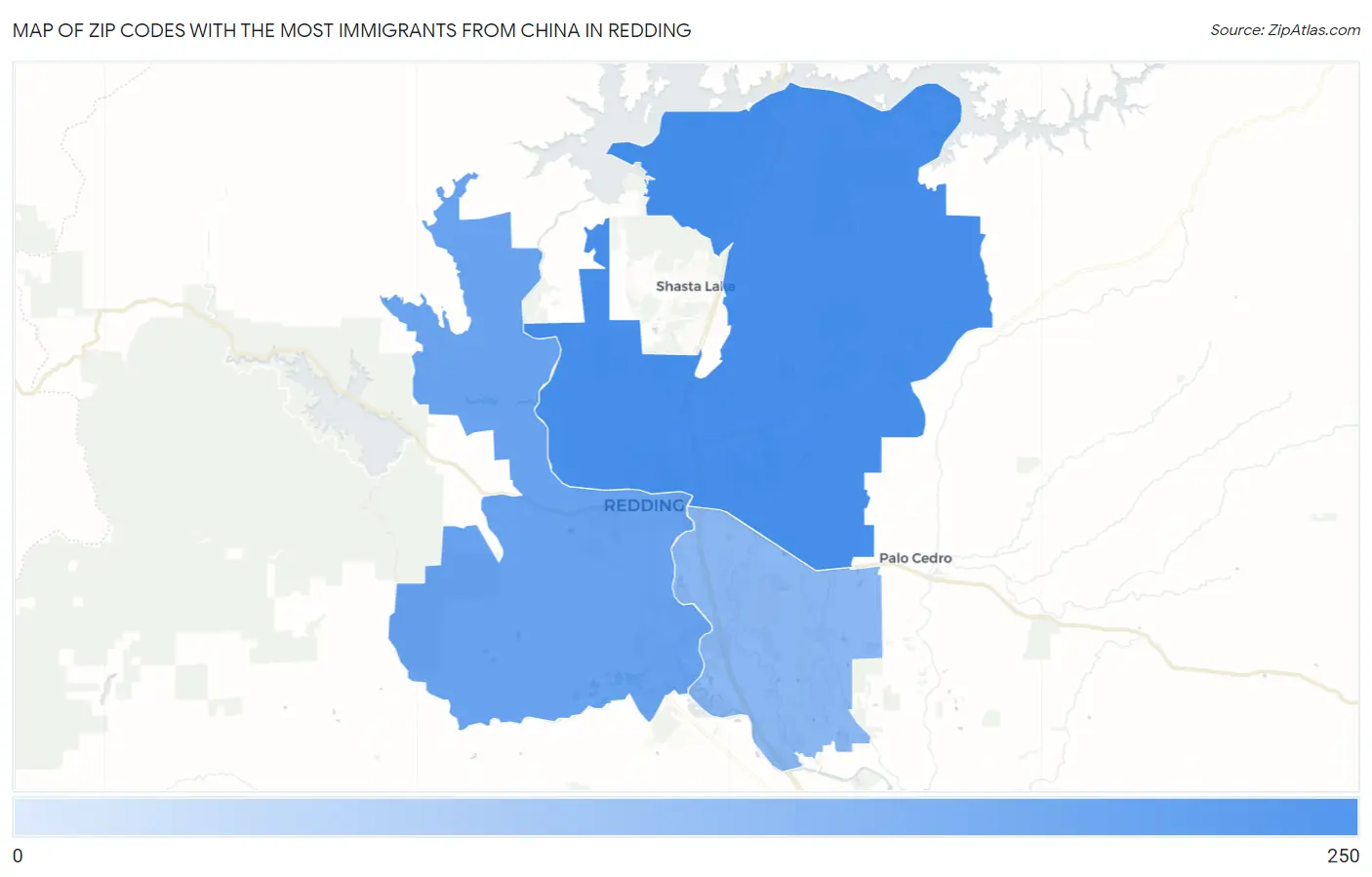 Zip Codes with the Most Immigrants from China in Redding Map