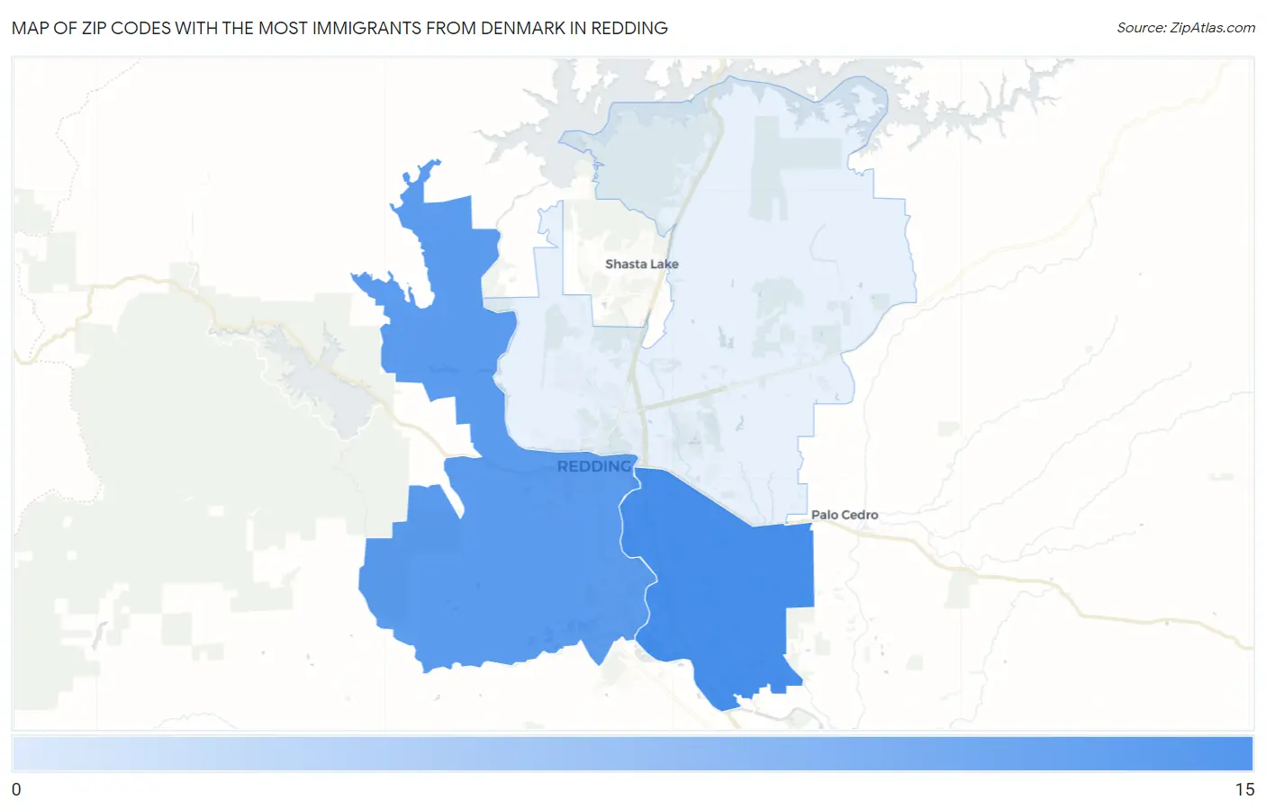 Zip Codes with the Most Immigrants from Denmark in Redding Map