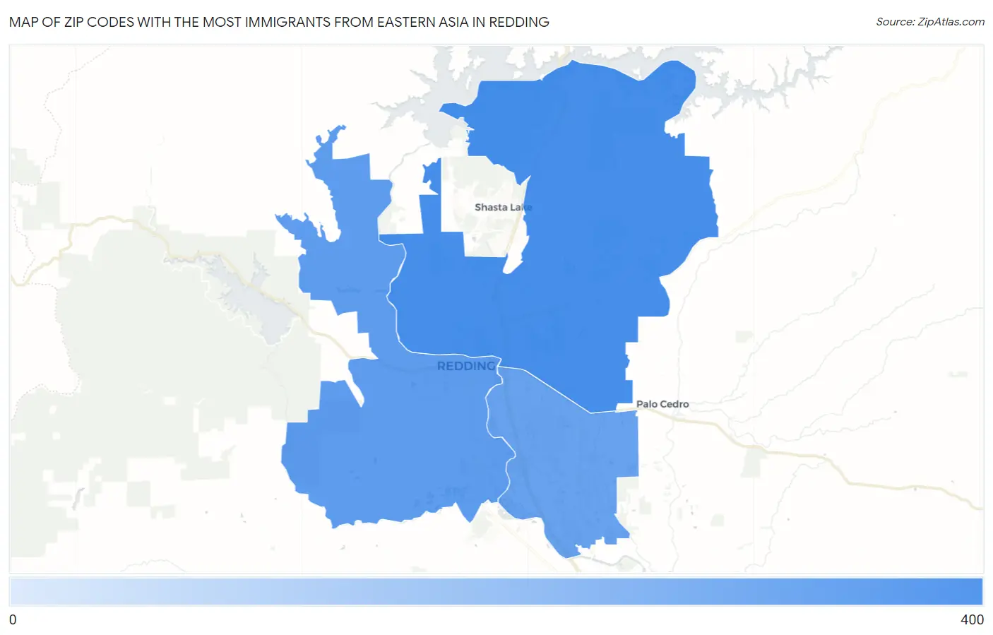 Zip Codes with the Most Immigrants from Eastern Asia in Redding Map