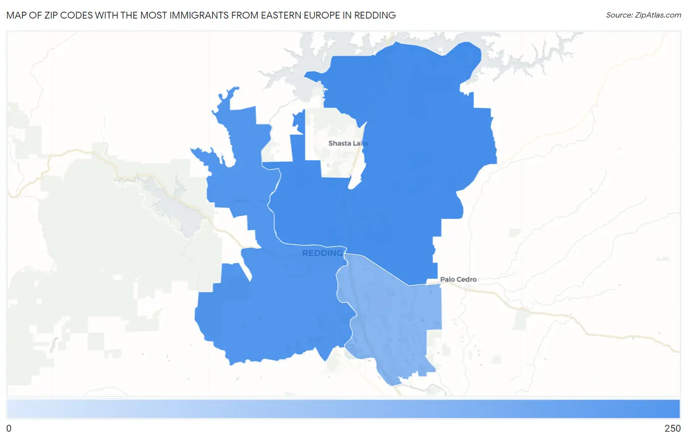 Zip Codes with the Most Immigrants from Eastern Europe in Redding Map