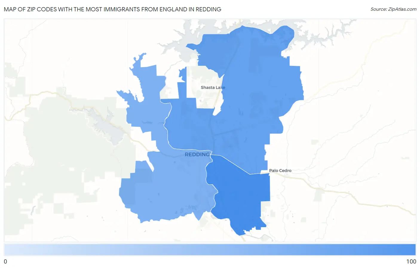 Zip Codes with the Most Immigrants from England in Redding Map