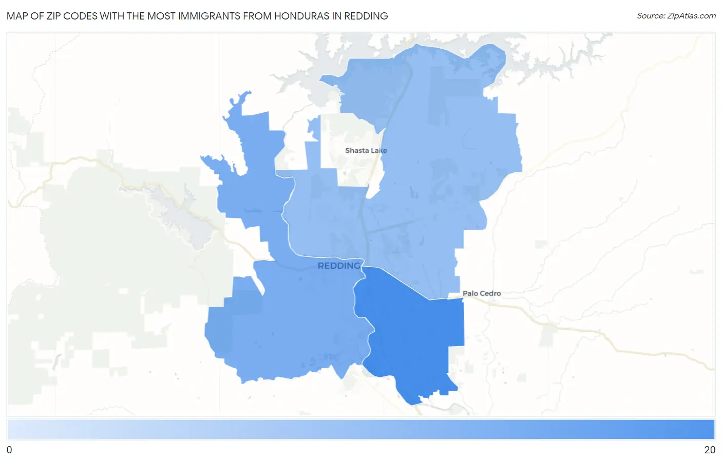 Zip Codes with the Most Immigrants from Honduras in Redding Map