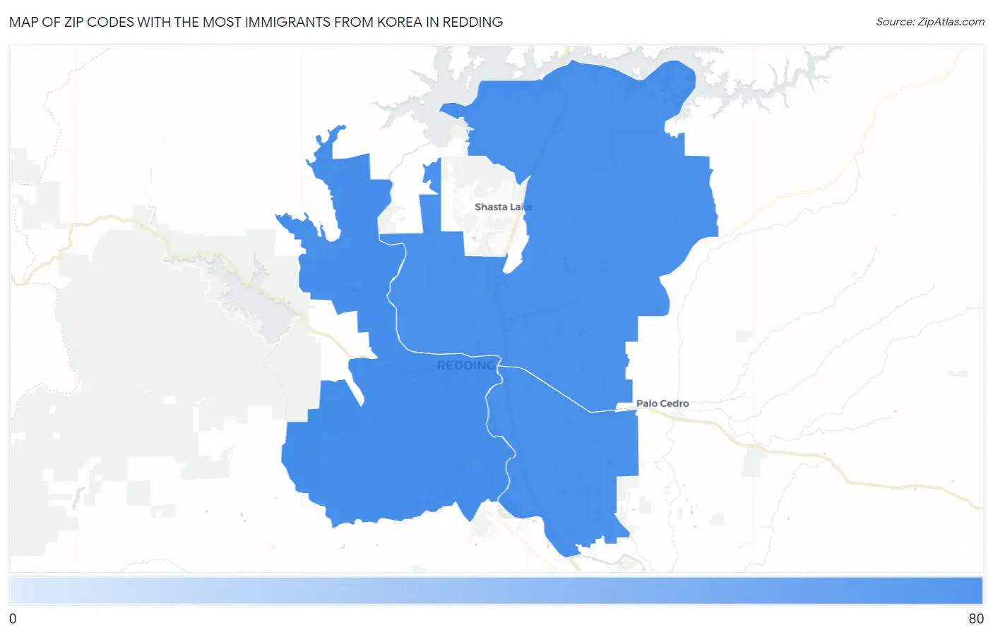 Zip Codes with the Most Immigrants from Korea in Redding Map