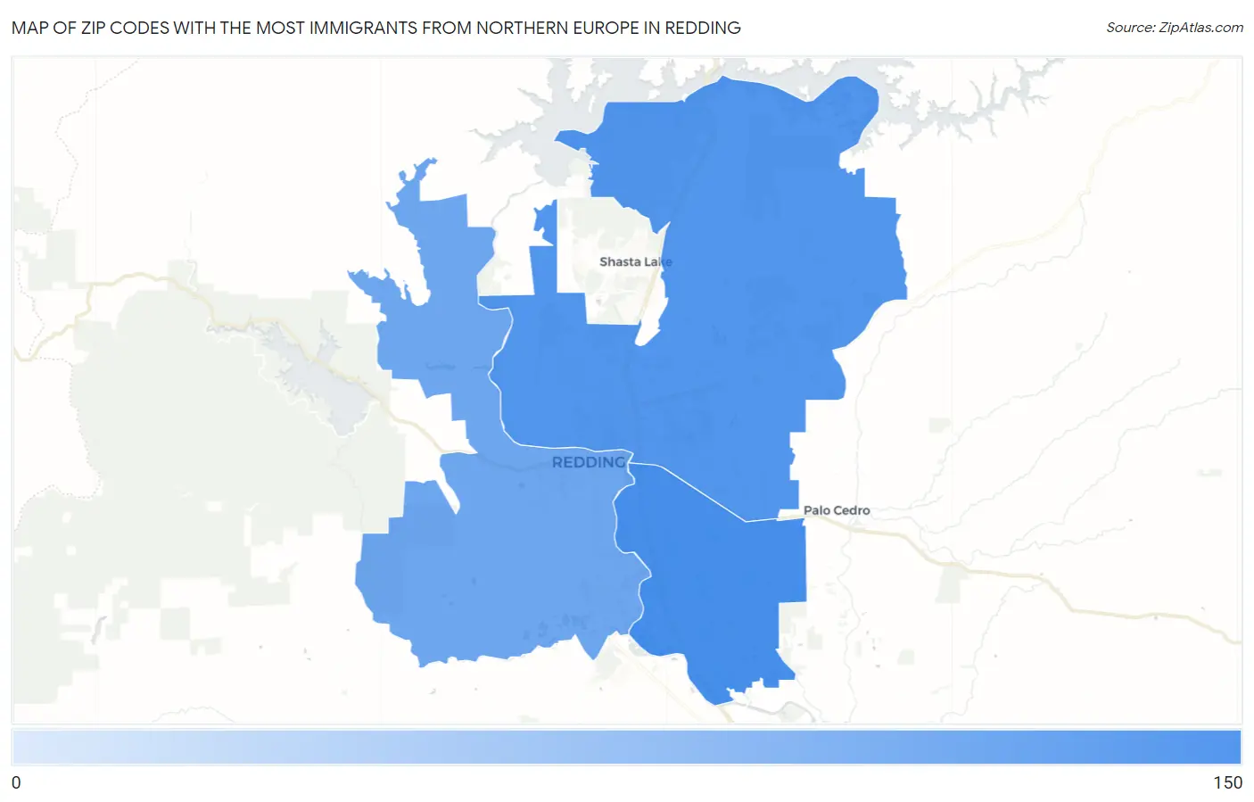 Zip Codes with the Most Immigrants from Northern Europe in Redding Map