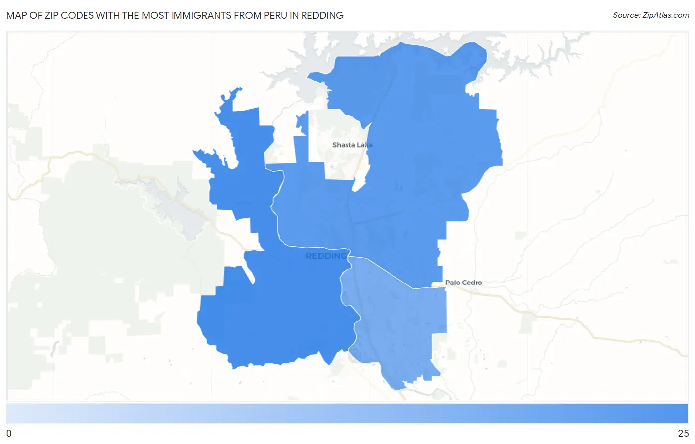 Zip Codes with the Most Immigrants from Peru in Redding Map