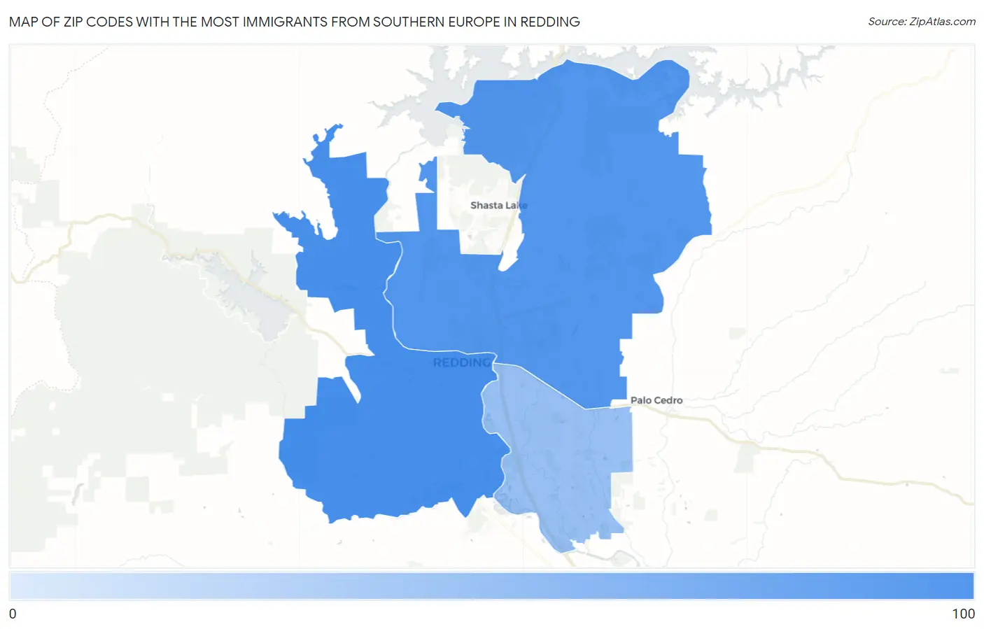 Zip Codes with the Most Immigrants from Southern Europe in Redding Map