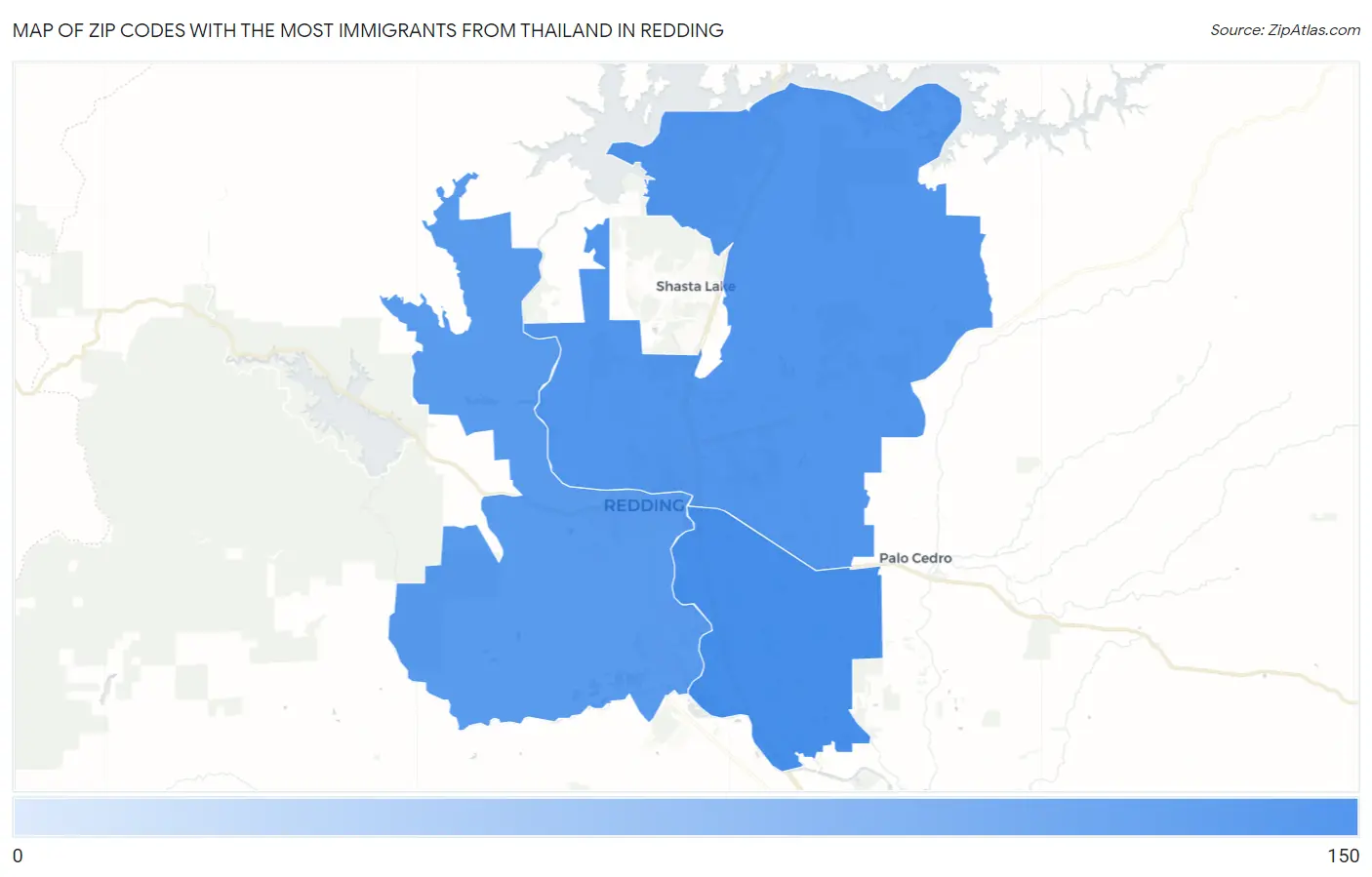 Zip Codes with the Most Immigrants from Thailand in Redding Map