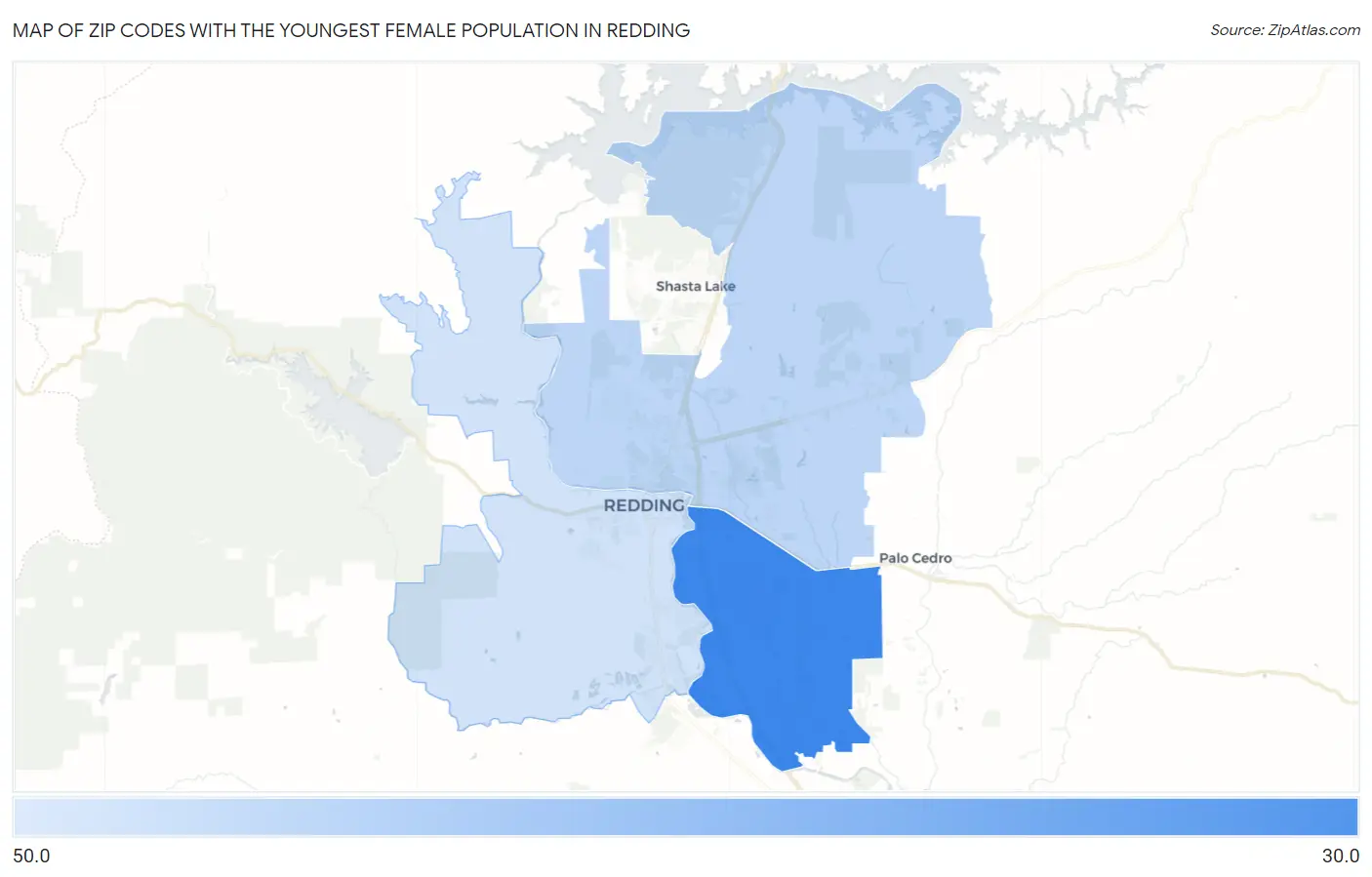 Zip Codes with the Youngest Female Population in Redding Map