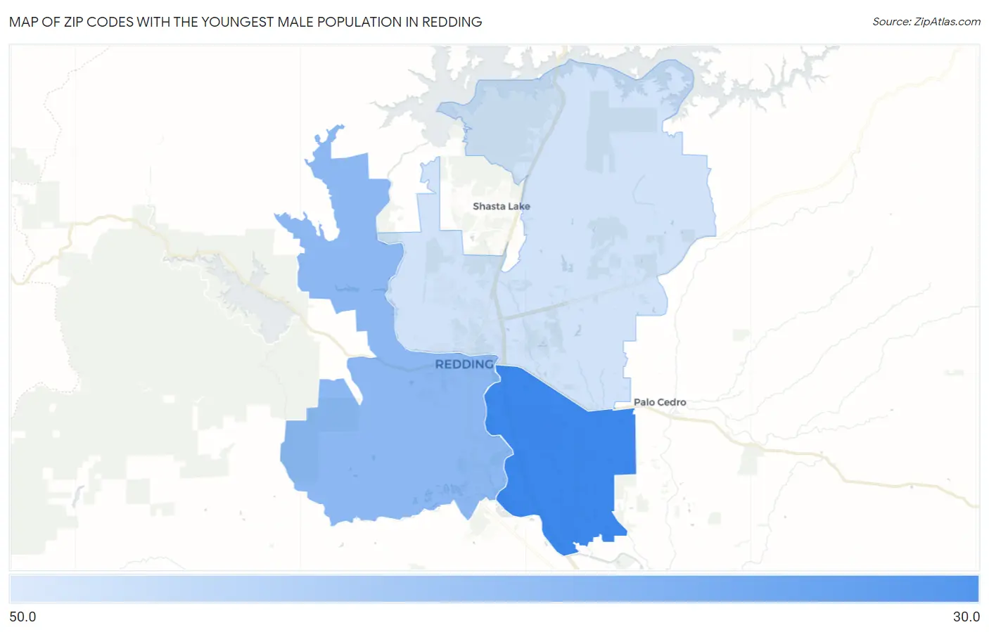 Zip Codes with the Youngest Male Population in Redding Map