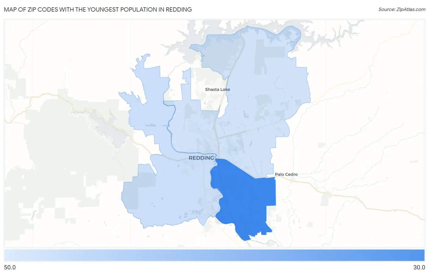 Zip Codes with the Youngest Population in Redding Map