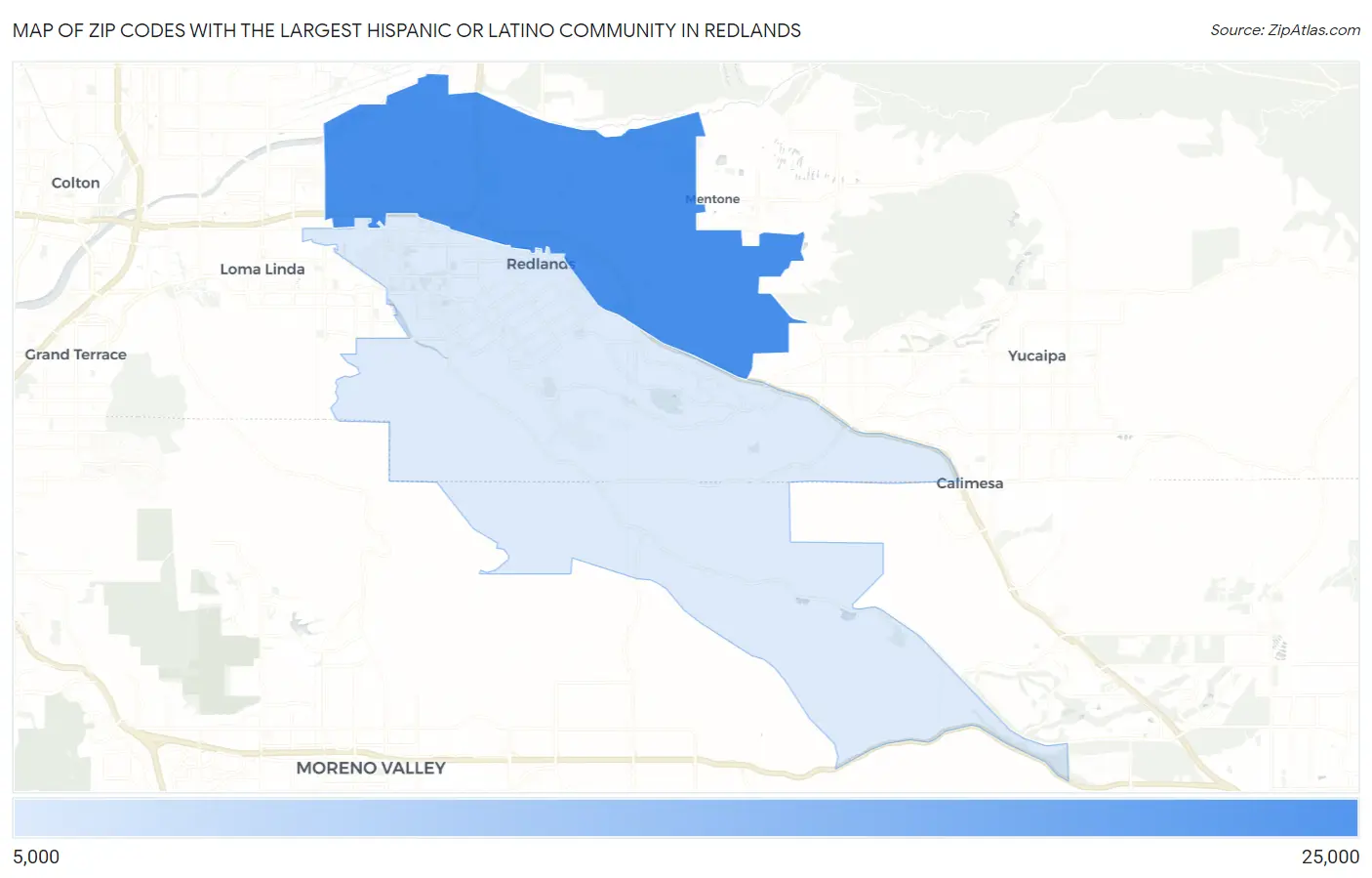 Zip Codes with the Largest Hispanic or Latino Community in Redlands Map