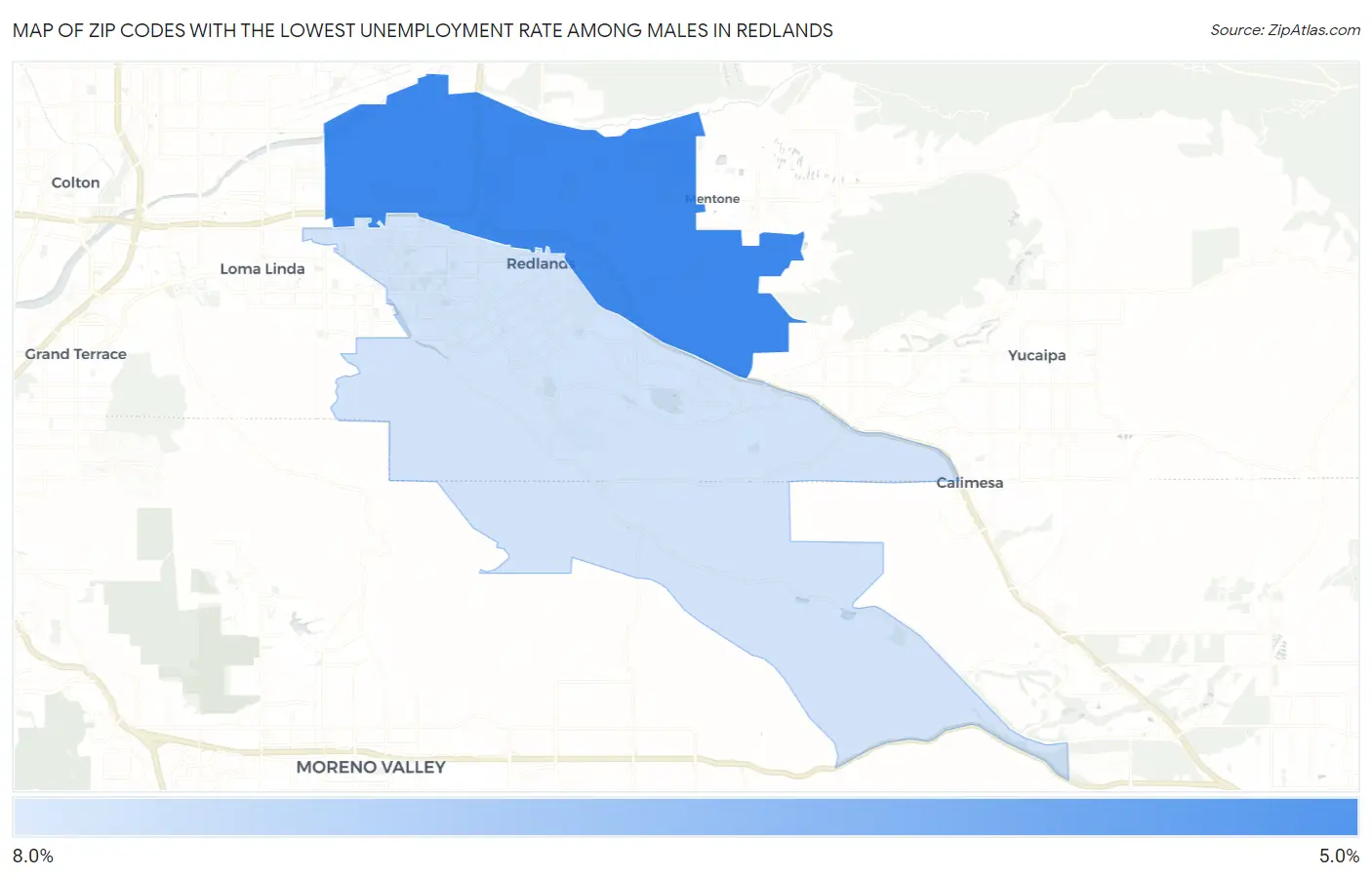 Zip Codes with the Lowest Unemployment Rate Among Males in Redlands Map