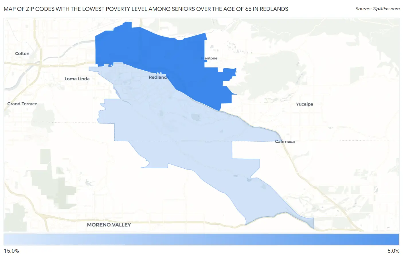Zip Codes with the Lowest Poverty Level Among Seniors Over the Age of 65 in Redlands Map
