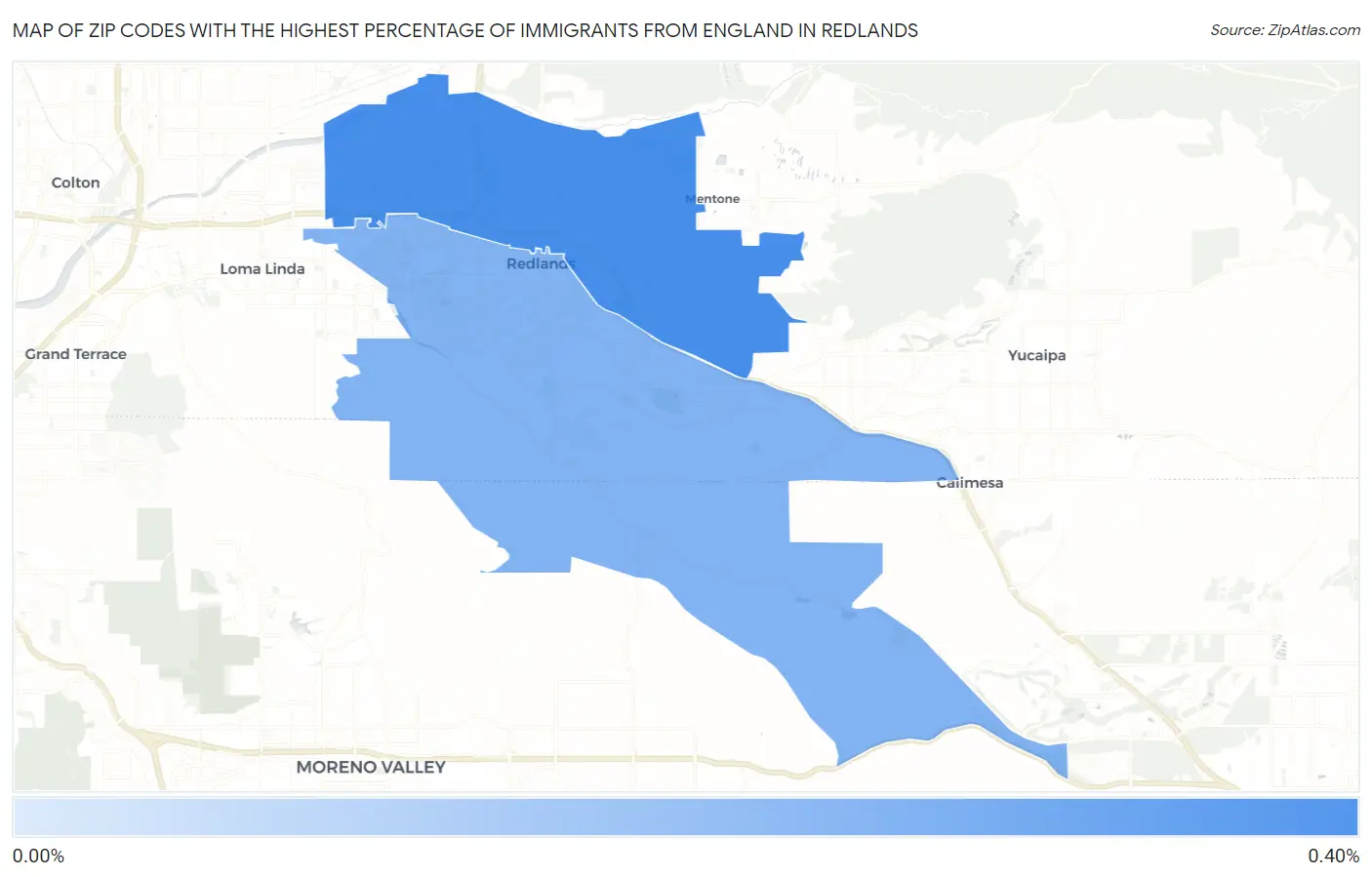 Zip Codes with the Highest Percentage of Immigrants from England in Redlands Map