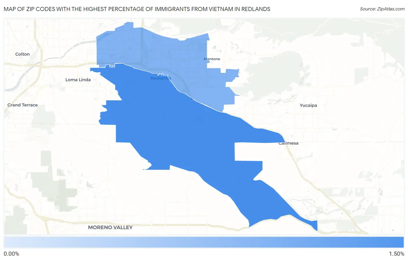 Zip Codes with the Highest Percentage of Immigrants from Vietnam in Redlands Map