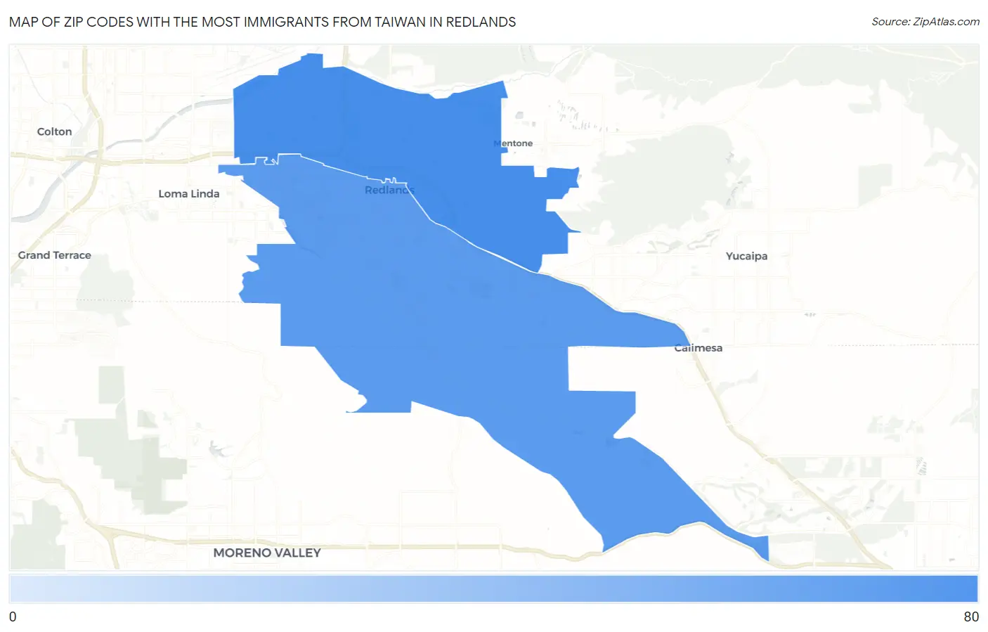 Zip Codes with the Most Immigrants from Taiwan in Redlands Map