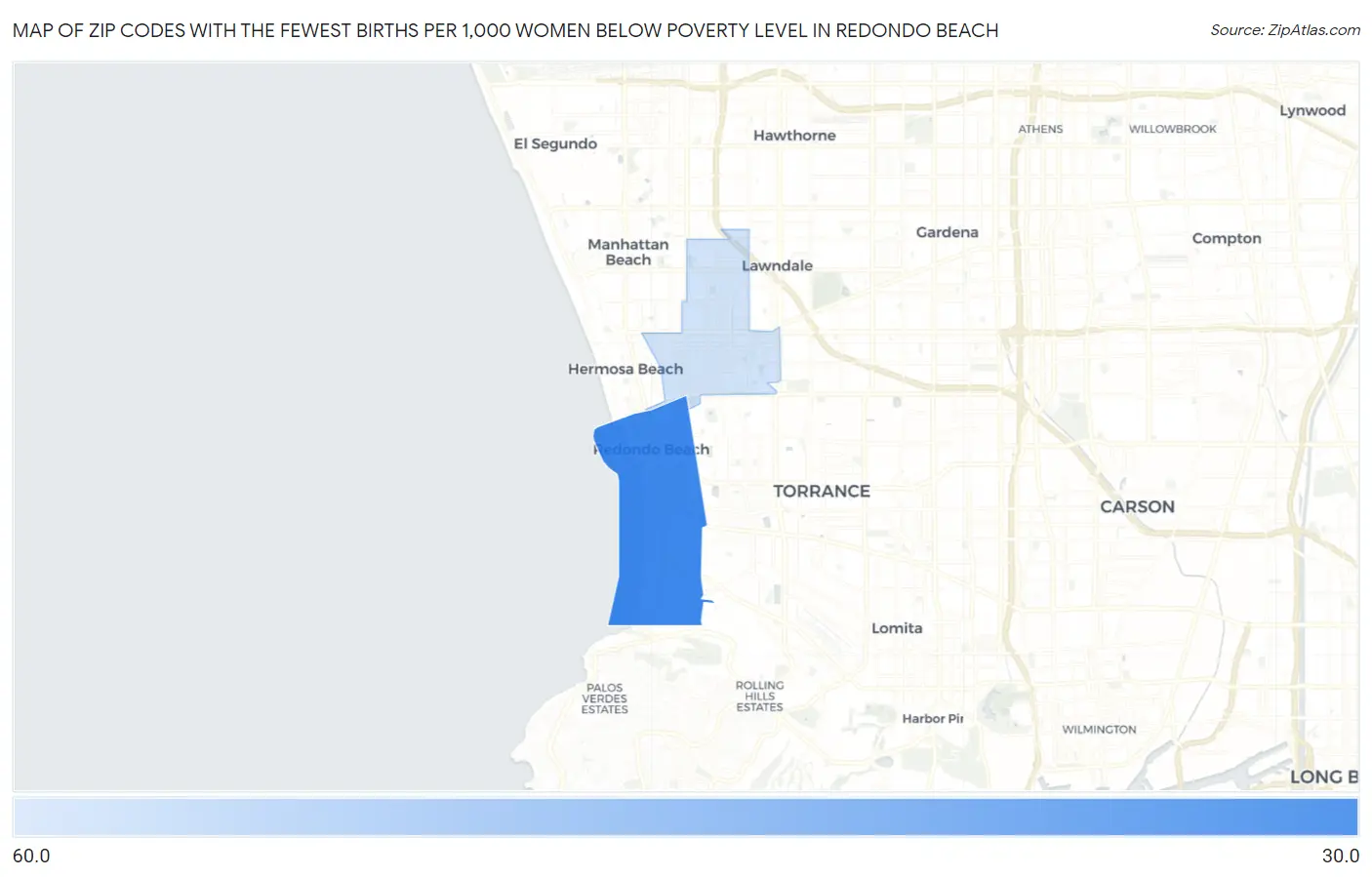 Zip Codes with the Fewest Births per 1,000 Women Below Poverty Level in Redondo Beach Map