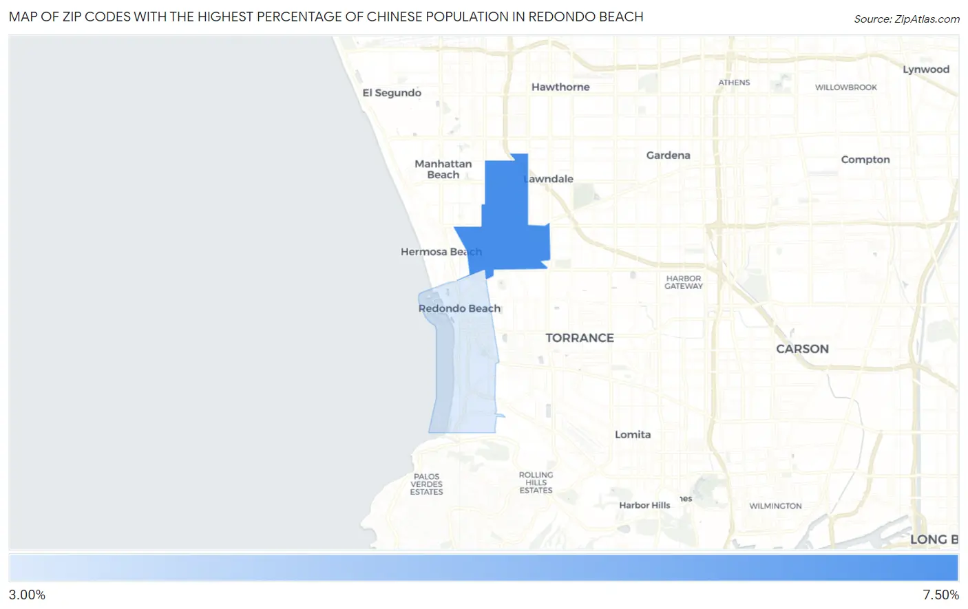 Zip Codes with the Highest Percentage of Chinese Population in Redondo Beach Map