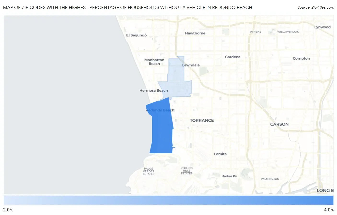 Zip Codes with the Highest Percentage of Households Without a Vehicle in Redondo Beach Map