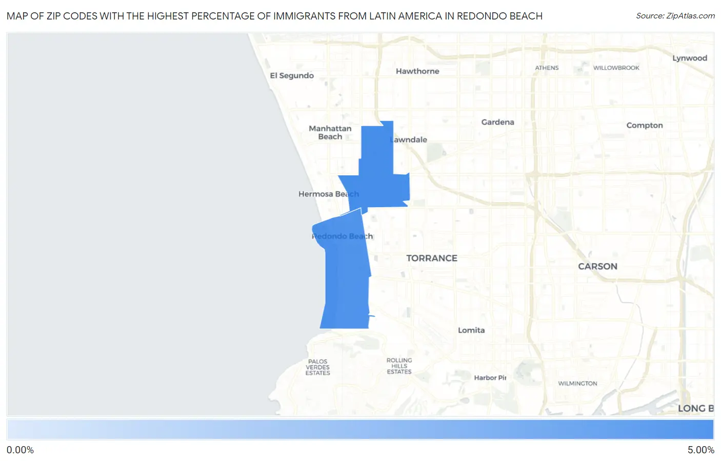 Zip Codes with the Highest Percentage of Immigrants from Latin America in Redondo Beach Map