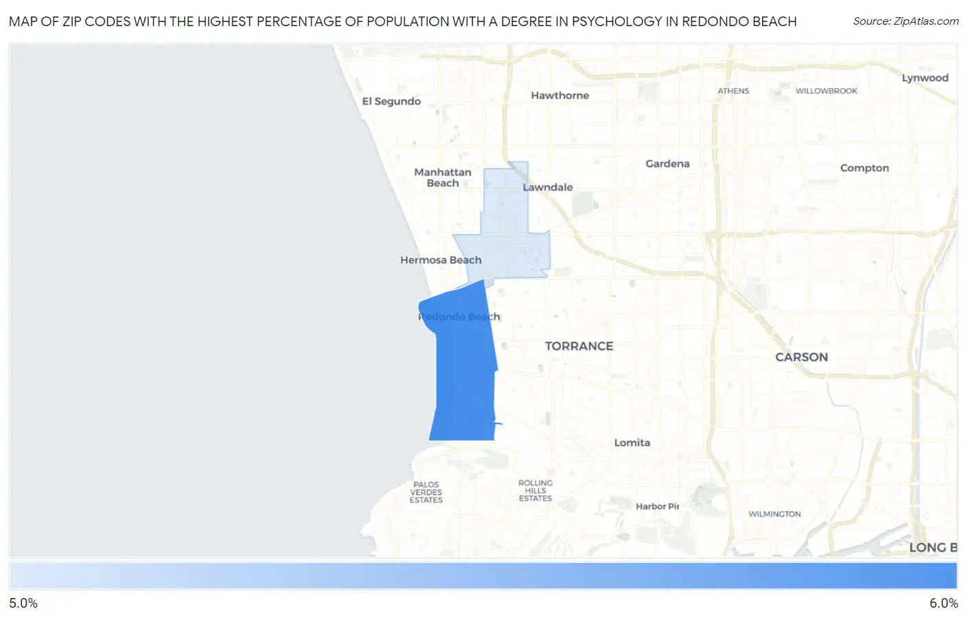Zip Codes with the Highest Percentage of Population with a Degree in Psychology in Redondo Beach Map