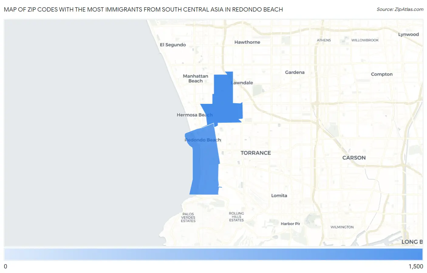 Zip Codes with the Most Immigrants from South Central Asia in Redondo Beach Map