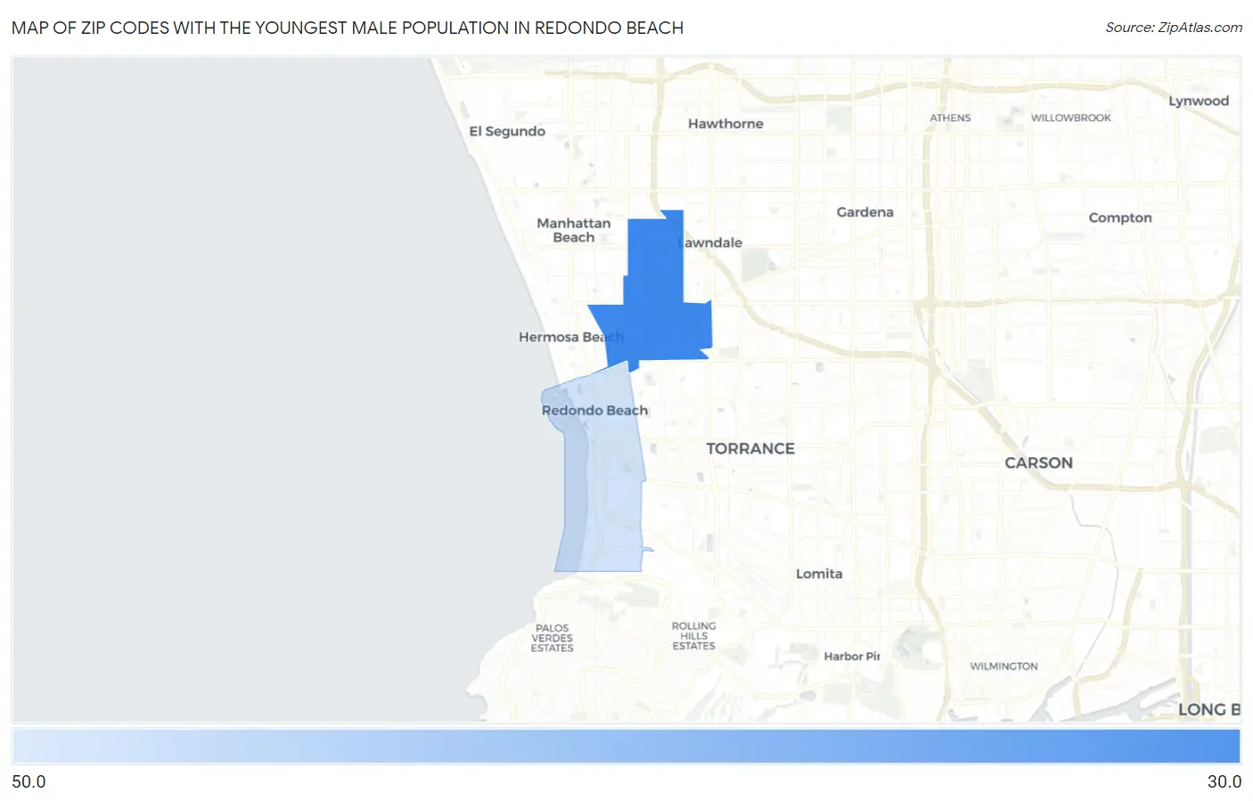 Zip Codes with the Youngest Male Population in Redondo Beach Map