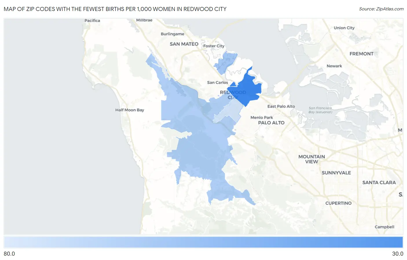 Zip Codes with the Fewest Births per 1,000 Women in Redwood City Map