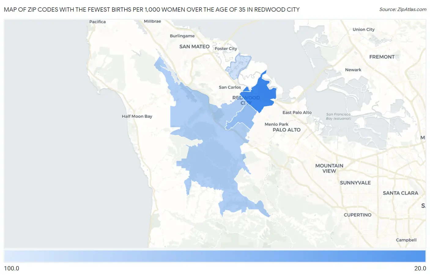 Zip Codes with the Fewest Births per 1,000 Women Over the Age of 35 in Redwood City Map