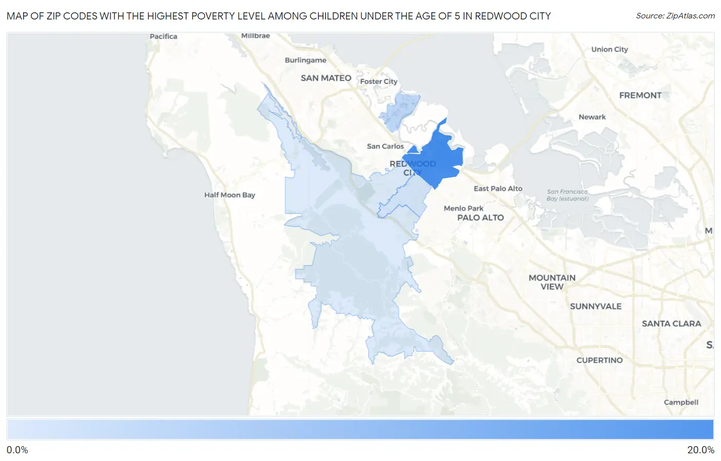 Zip Codes with the Highest Poverty Level Among Children Under the Age of 5 in Redwood City Map