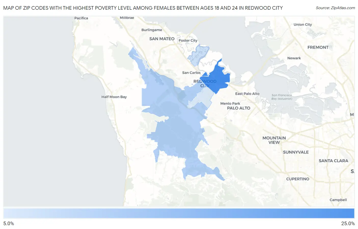 Zip Codes with the Highest Poverty Level Among Females Between Ages 18 and 24 in Redwood City Map