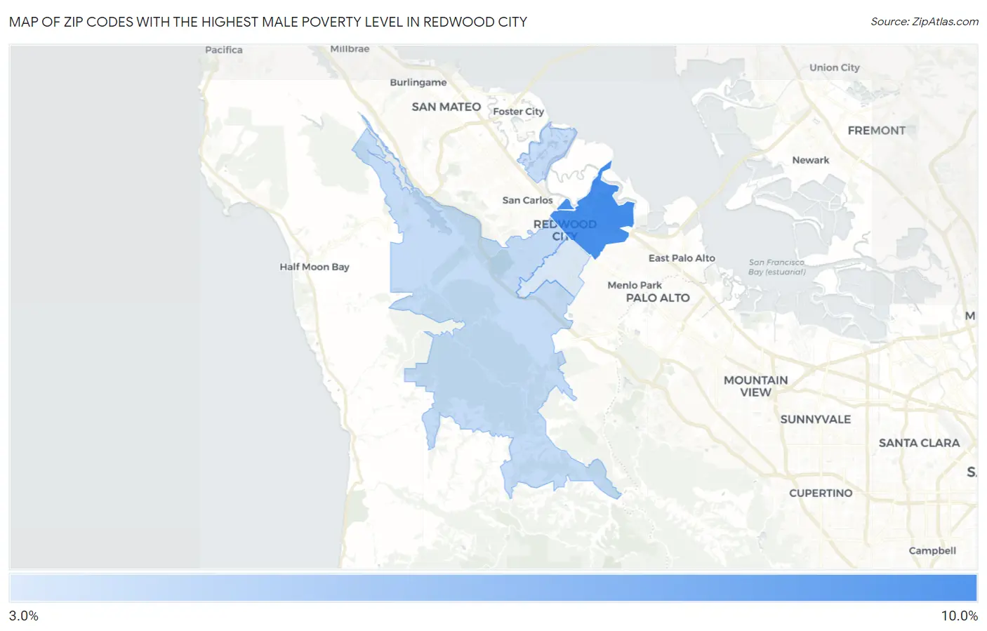 Zip Codes with the Highest Male Poverty Level in Redwood City Map