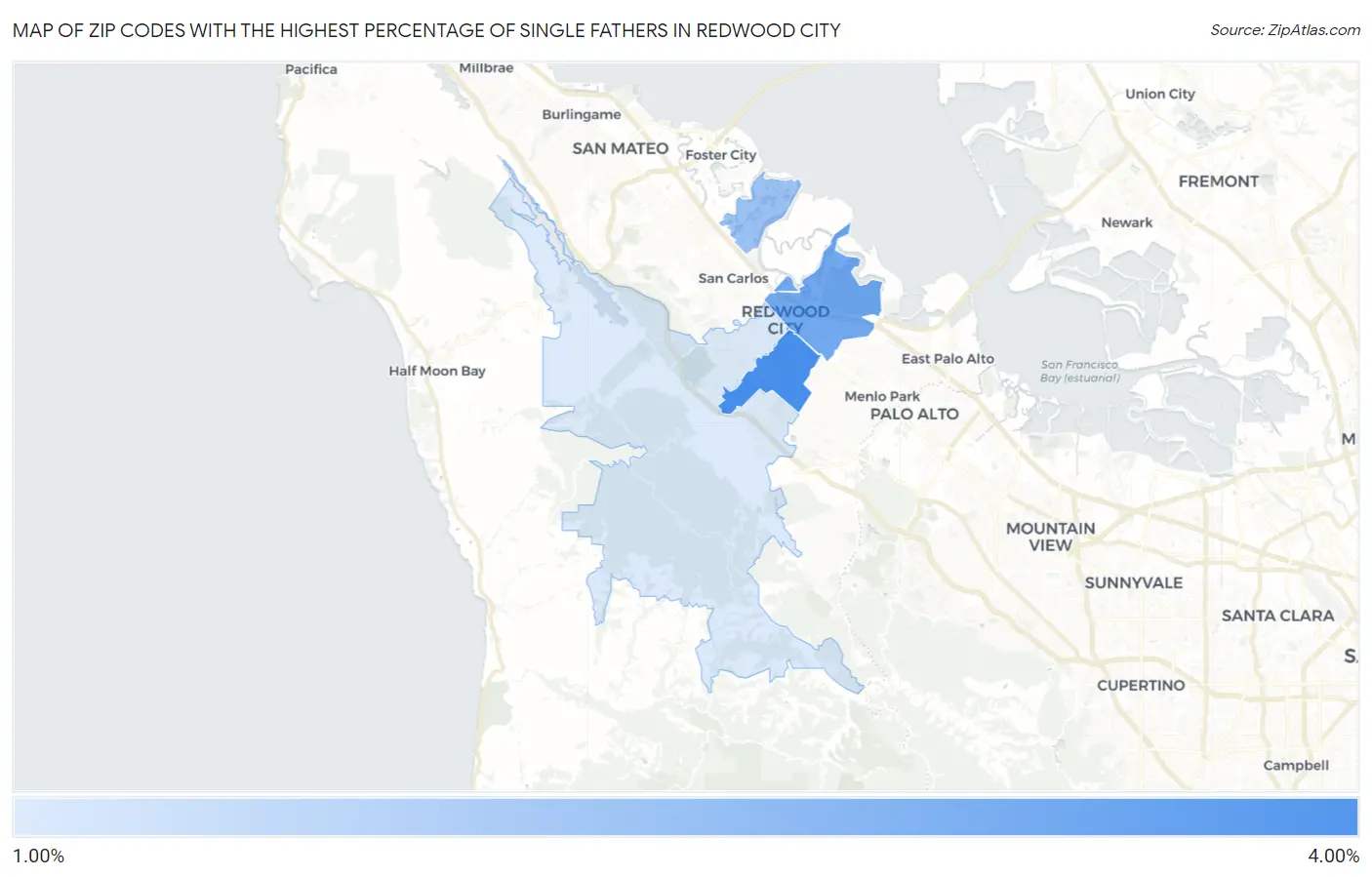 Zip Codes with the Highest Percentage of Single Fathers in Redwood City Map