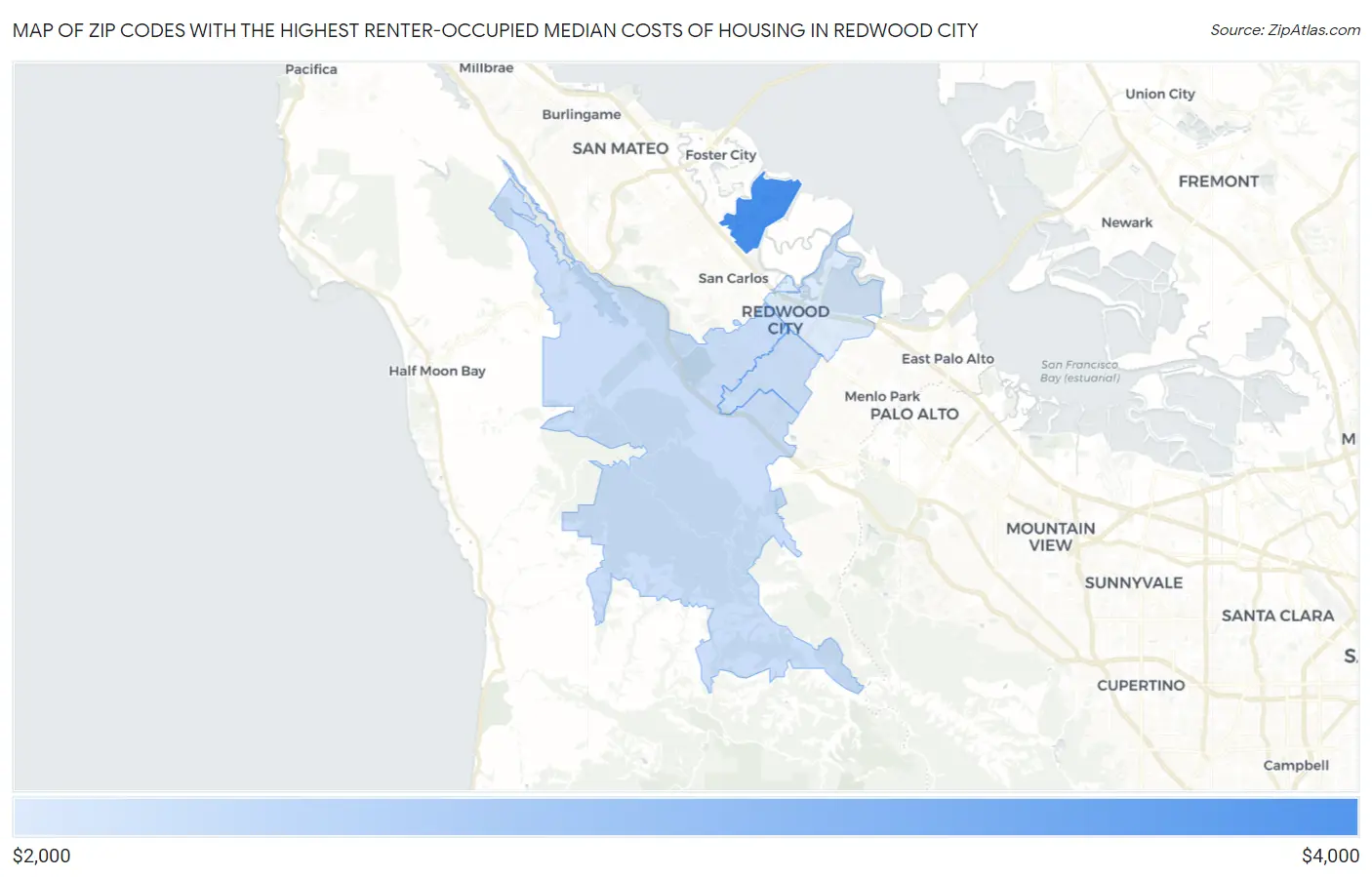 Zip Codes with the Highest Renter-Occupied Median Costs of Housing in Redwood City Map