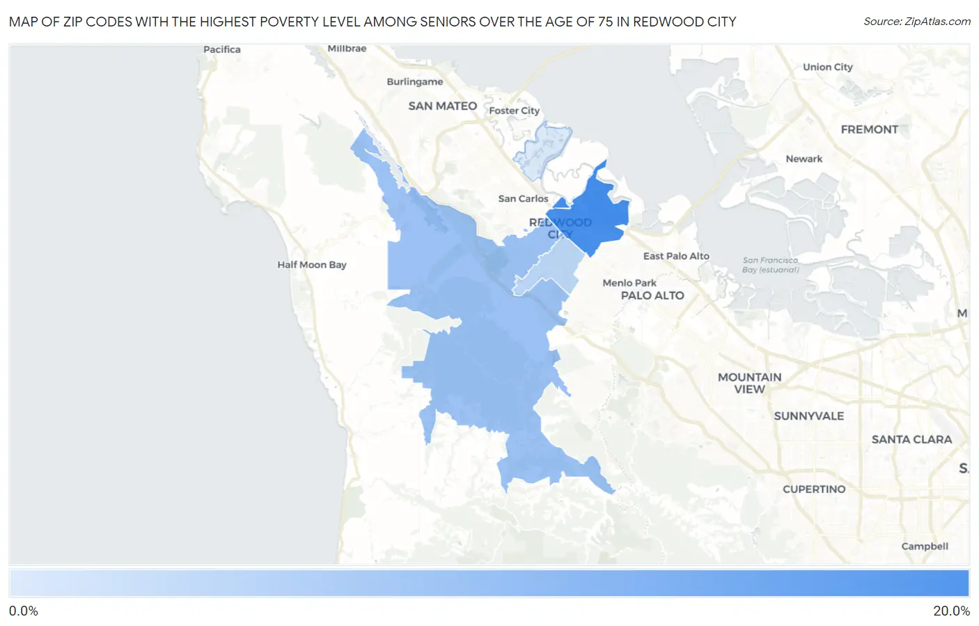 Zip Codes with the Highest Poverty Level Among Seniors Over the Age of 75 in Redwood City Map