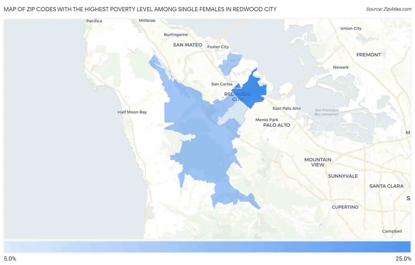 Zip Codes with the Highest Poverty Level Among Single Females in Redwood City Map
