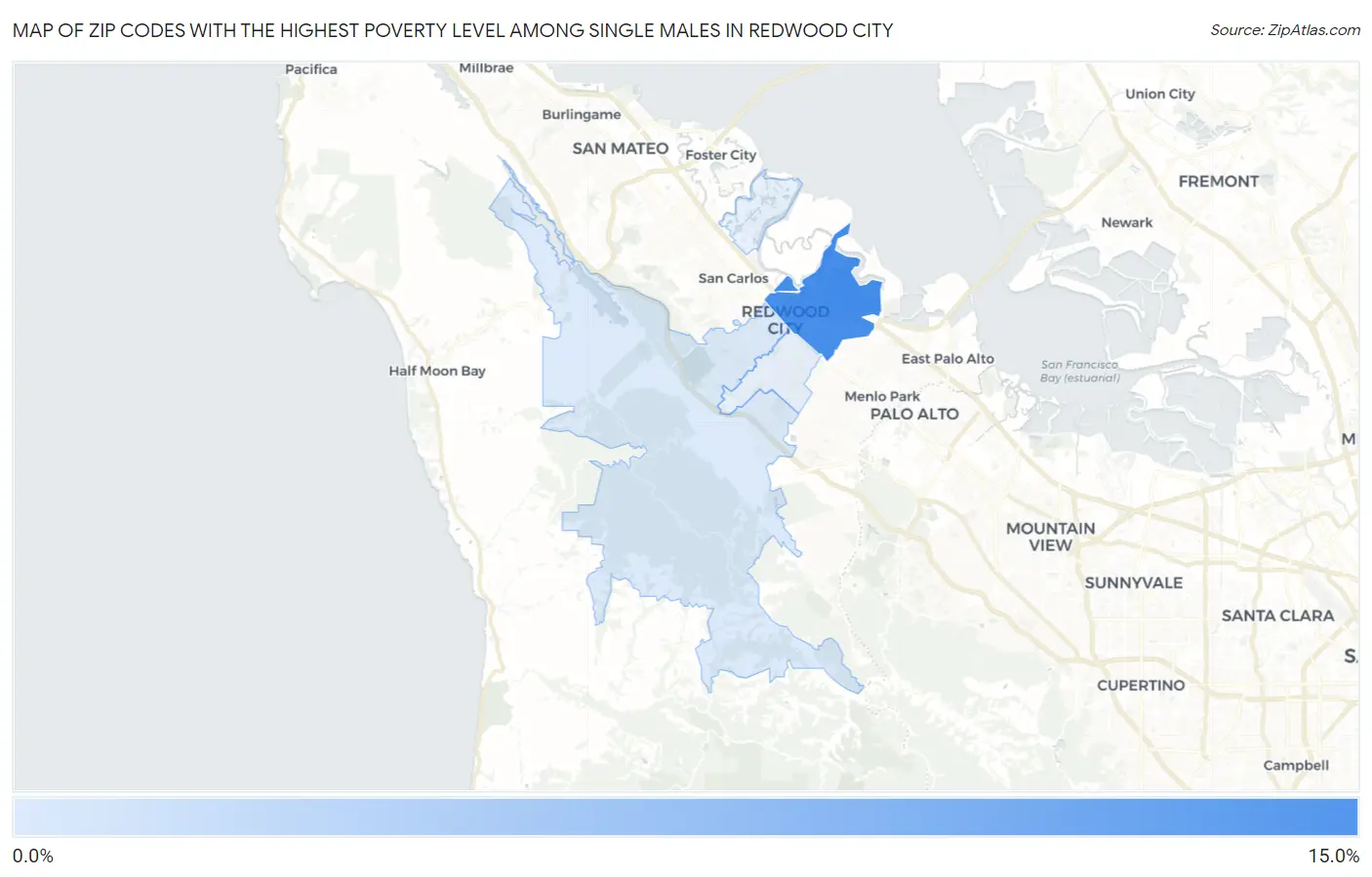 Zip Codes with the Highest Poverty Level Among Single Males in Redwood City Map