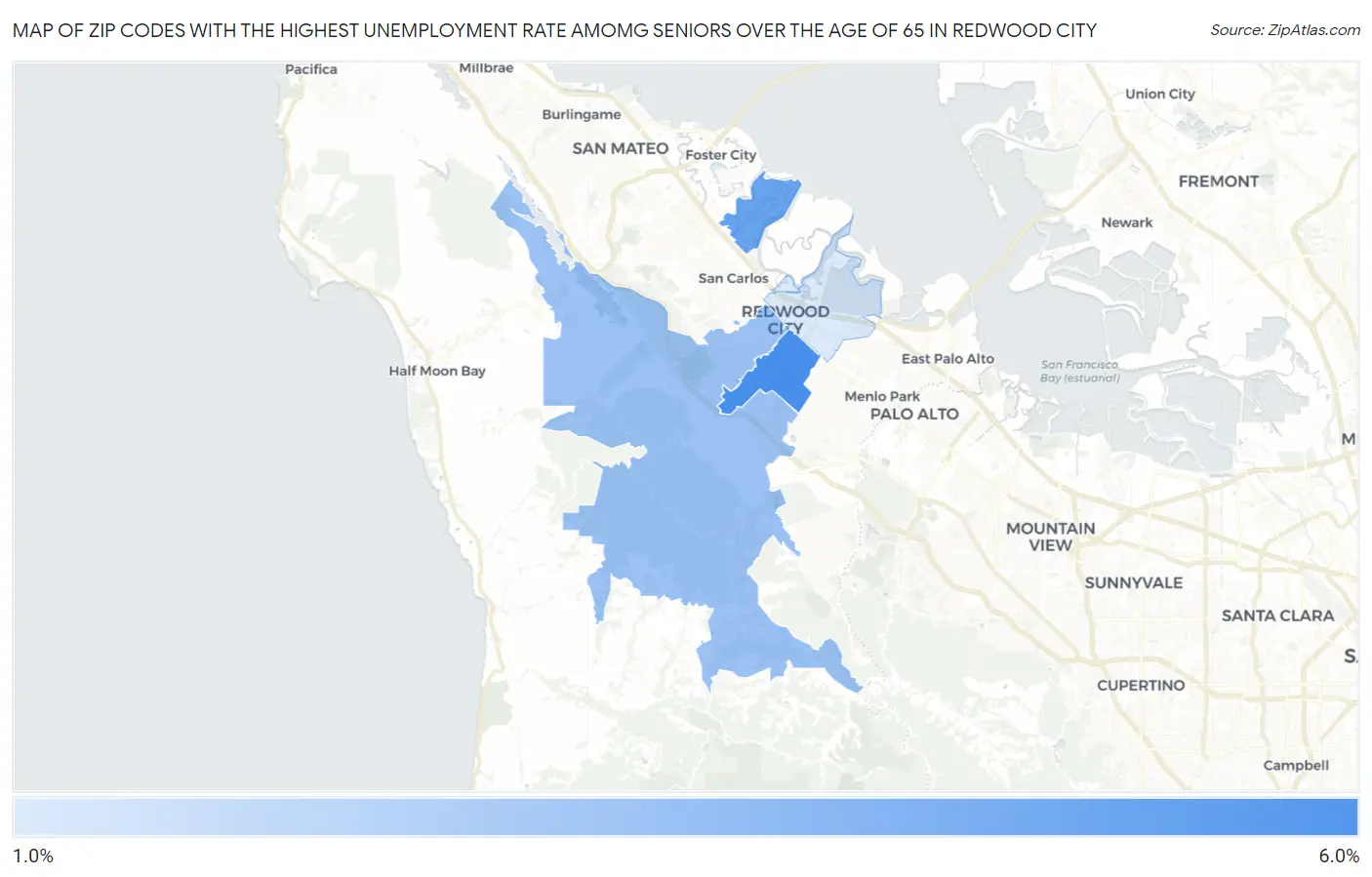 Zip Codes with the Highest Unemployment Rate Amomg Seniors Over the Age of 65 in Redwood City Map