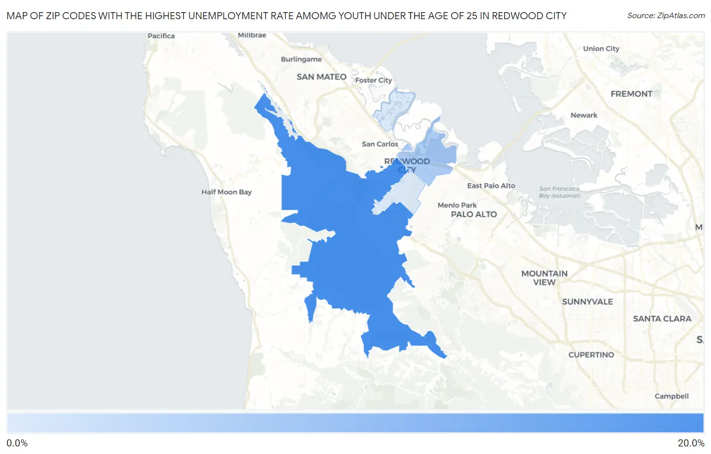 Zip Codes with the Highest Unemployment Rate Amomg Youth Under the Age of 25 in Redwood City Map