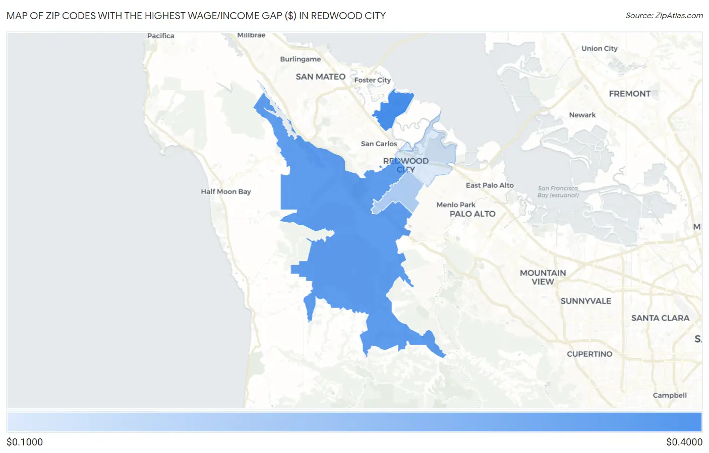 Zip Codes with the Highest Wage/Income Gap ($) in Redwood City Map