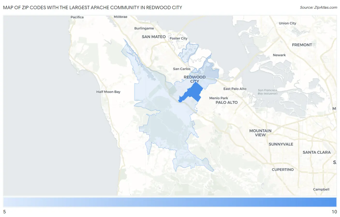 Zip Codes with the Largest Apache Community in Redwood City Map