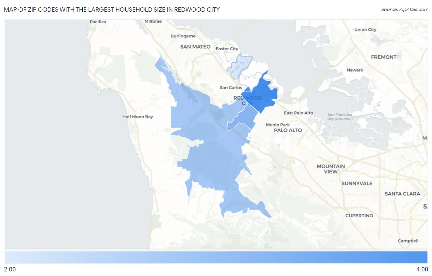 Zip Codes with the Largest Household Size in Redwood City Map